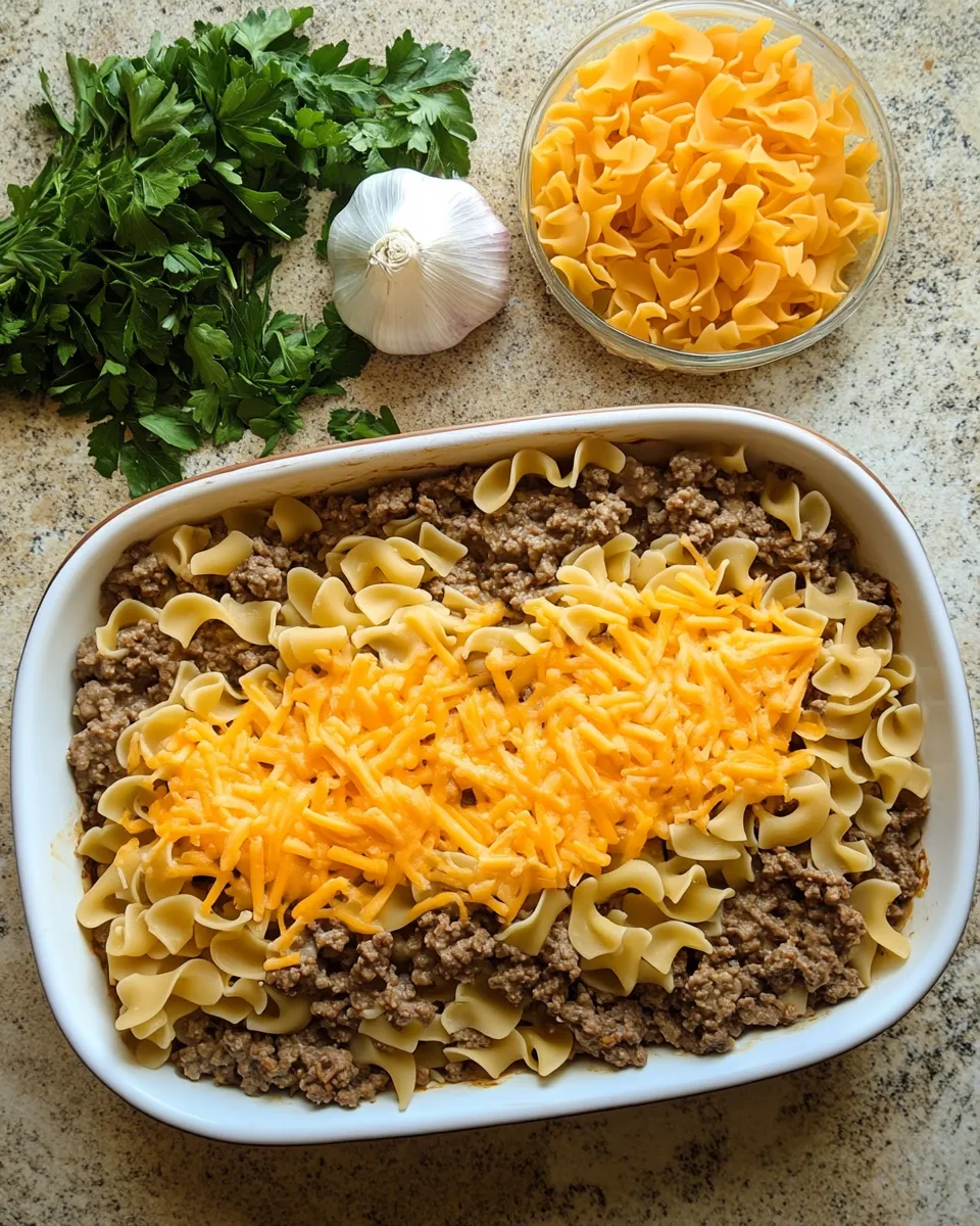 Ingredients for Savory Comfort: Beef and Cheddar Egg Noodle Bake Delight