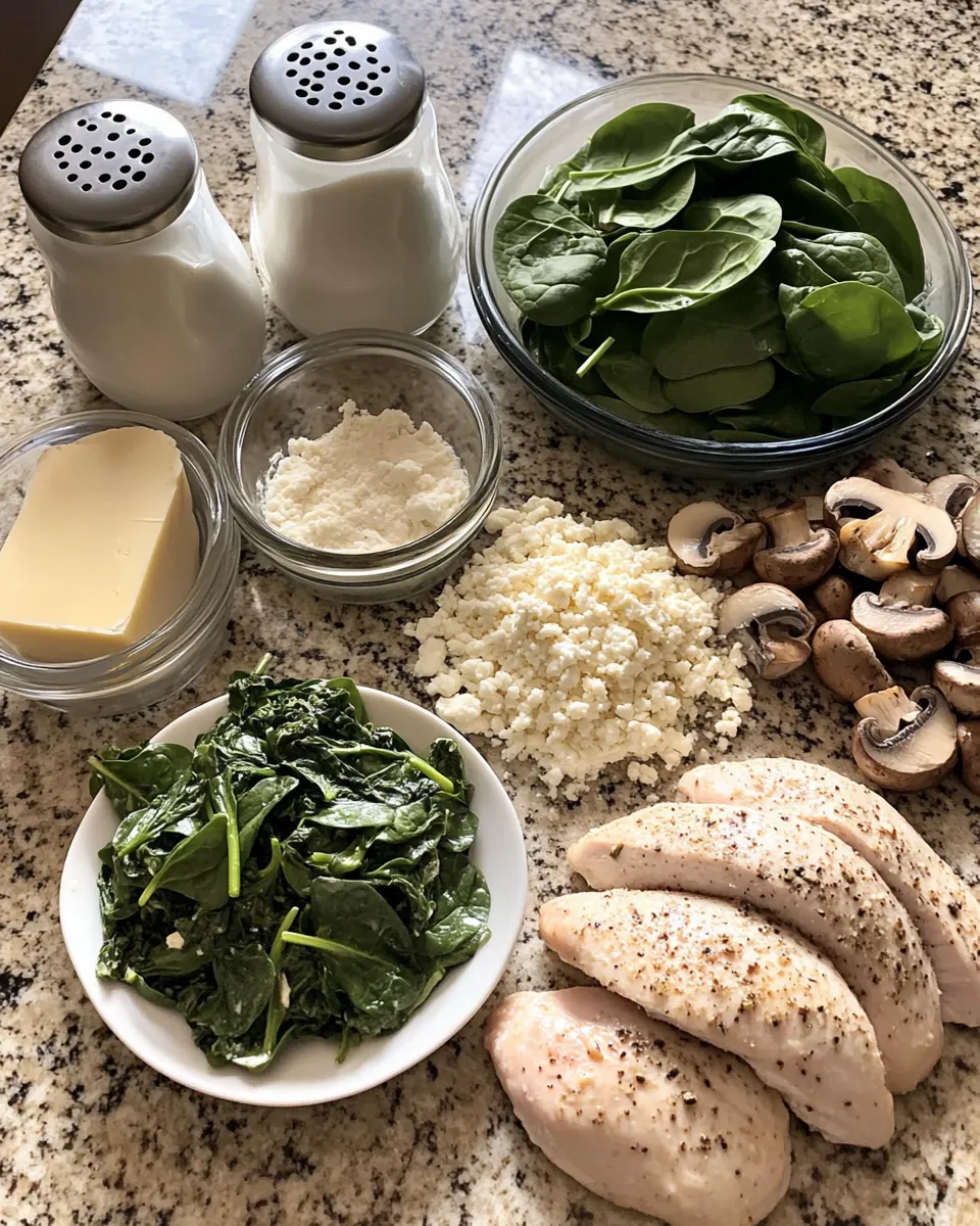 Ingredients for Savory Chicken Spinach and Mushroom Bake for a Cozy Dinner Night