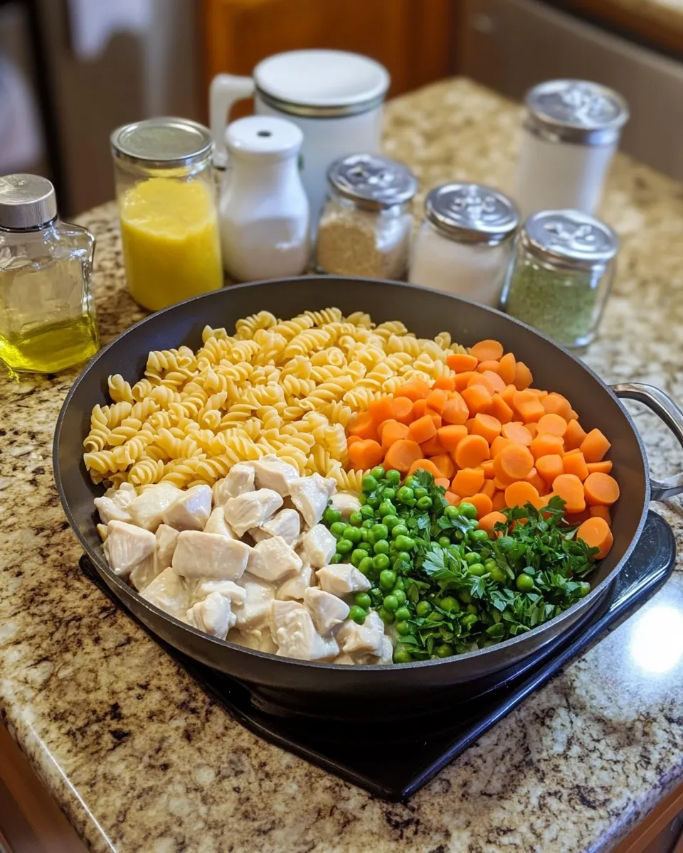 Ingredients for One-Pan Wonder: Creamy Chicken Pot Pie Pasta Skillet Delight