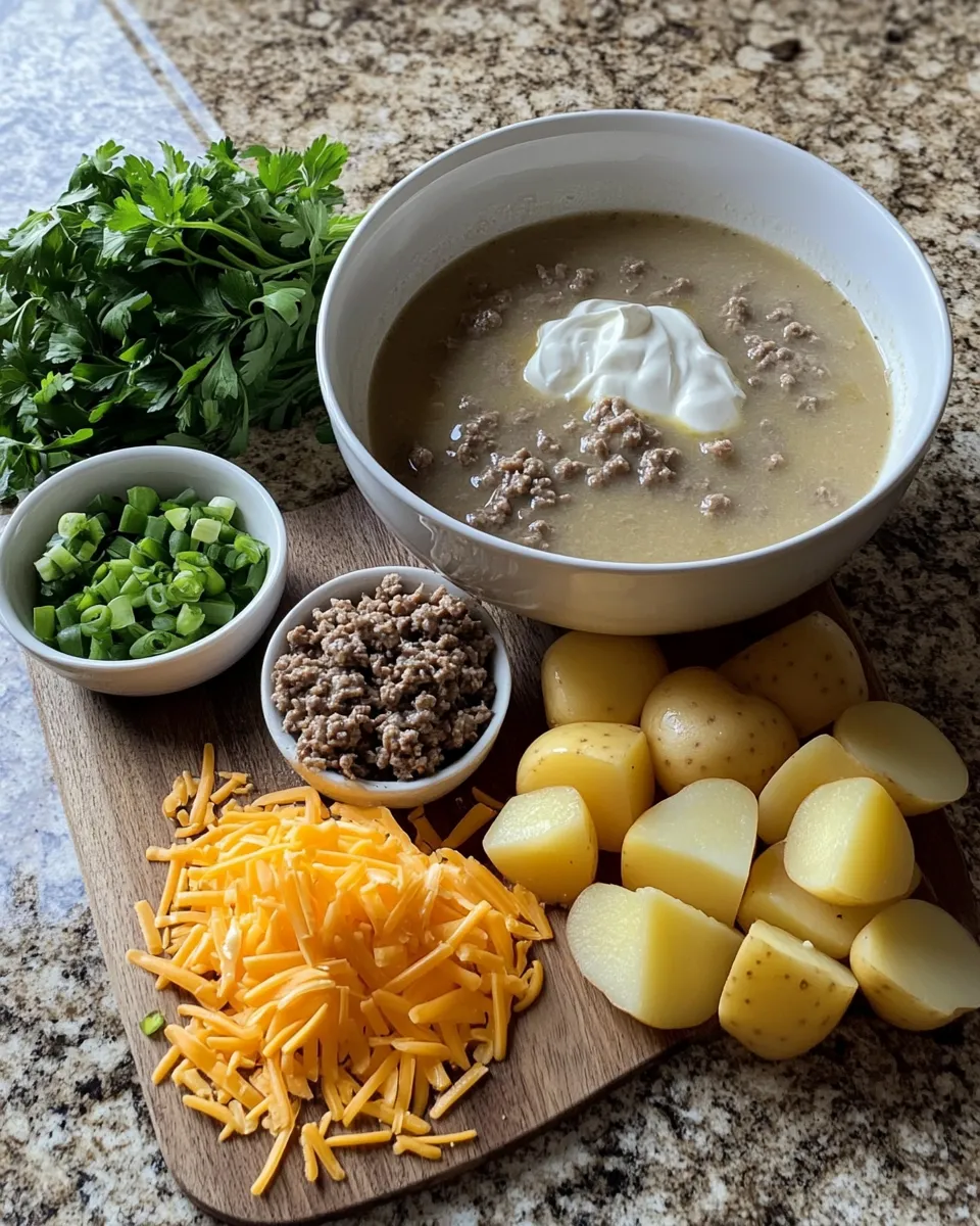 Ingredients for Creamy Comfort in a Bowl: Cheesy Beef and Potato Soup Delight