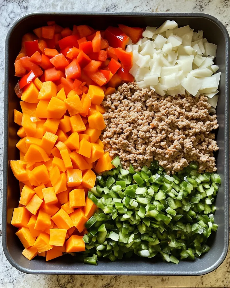 Ingredients for Savory Ground Turkey Sweet Potato Bake: A Comforting One-Pan Delight