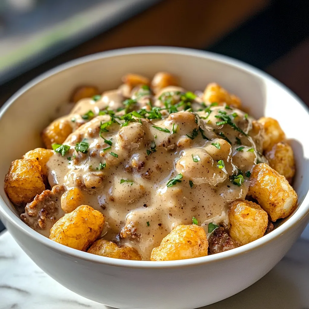 Photo of featured for Savor the Morning: Tater Tot Breakfast Bowl with Sausage Gravy Delight