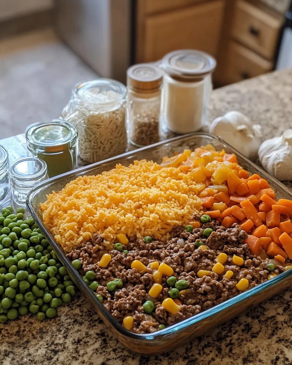 Ingredients for Irresistibly Comforting Homemade Cheesy Beef & Vegetable Casserole Delight
