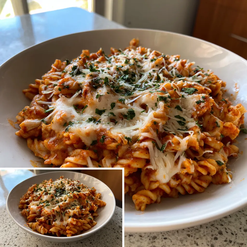 Photo of featured for Deliciously Cheesy Chicken Parmesan Pasta Skillet