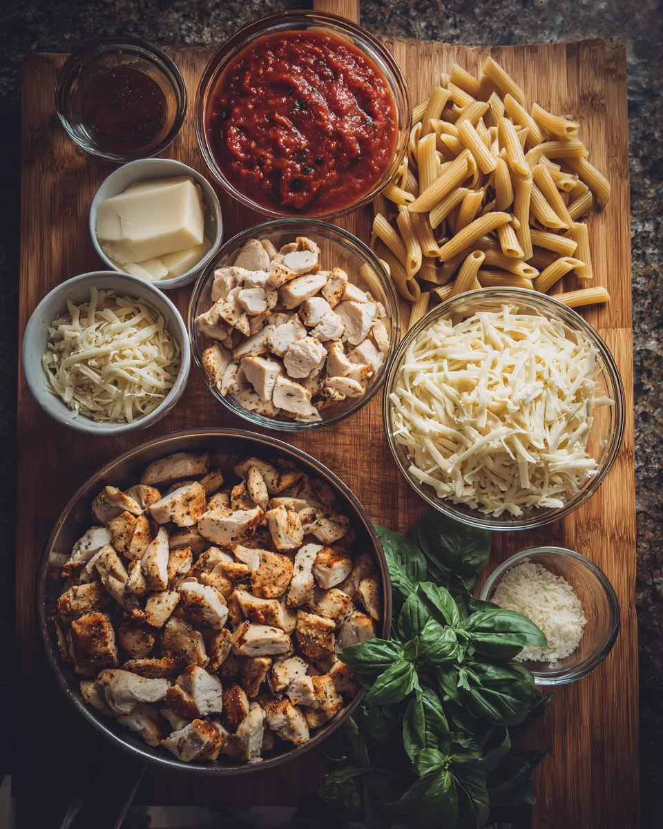 Ingredients for Deliciously Cheesy Chicken Parmesan Pasta Skillet