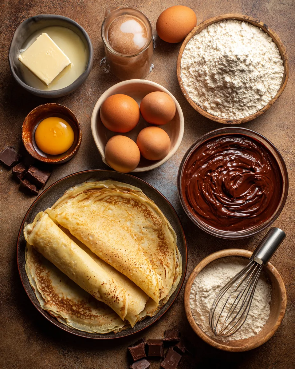 Ingredients for Indulgent Chocolate-Filled Rolled Crêpes: A Decadent Delight