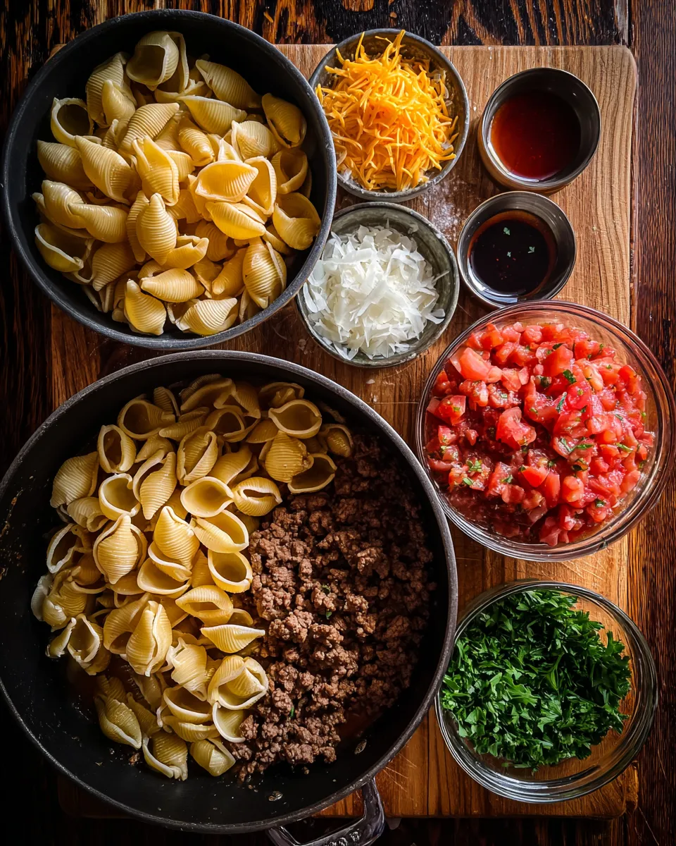 Ingredients for Creamy Beef and Shells: Indulgent One-Pot Delight
