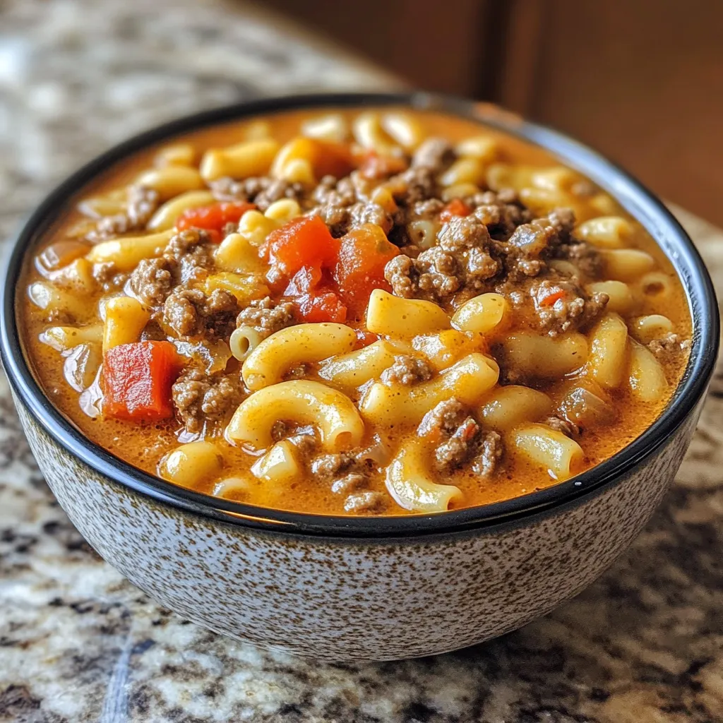 Photo of featured for Cheesy Comfort: One-Pot Macaroni Cheeseburger Soup