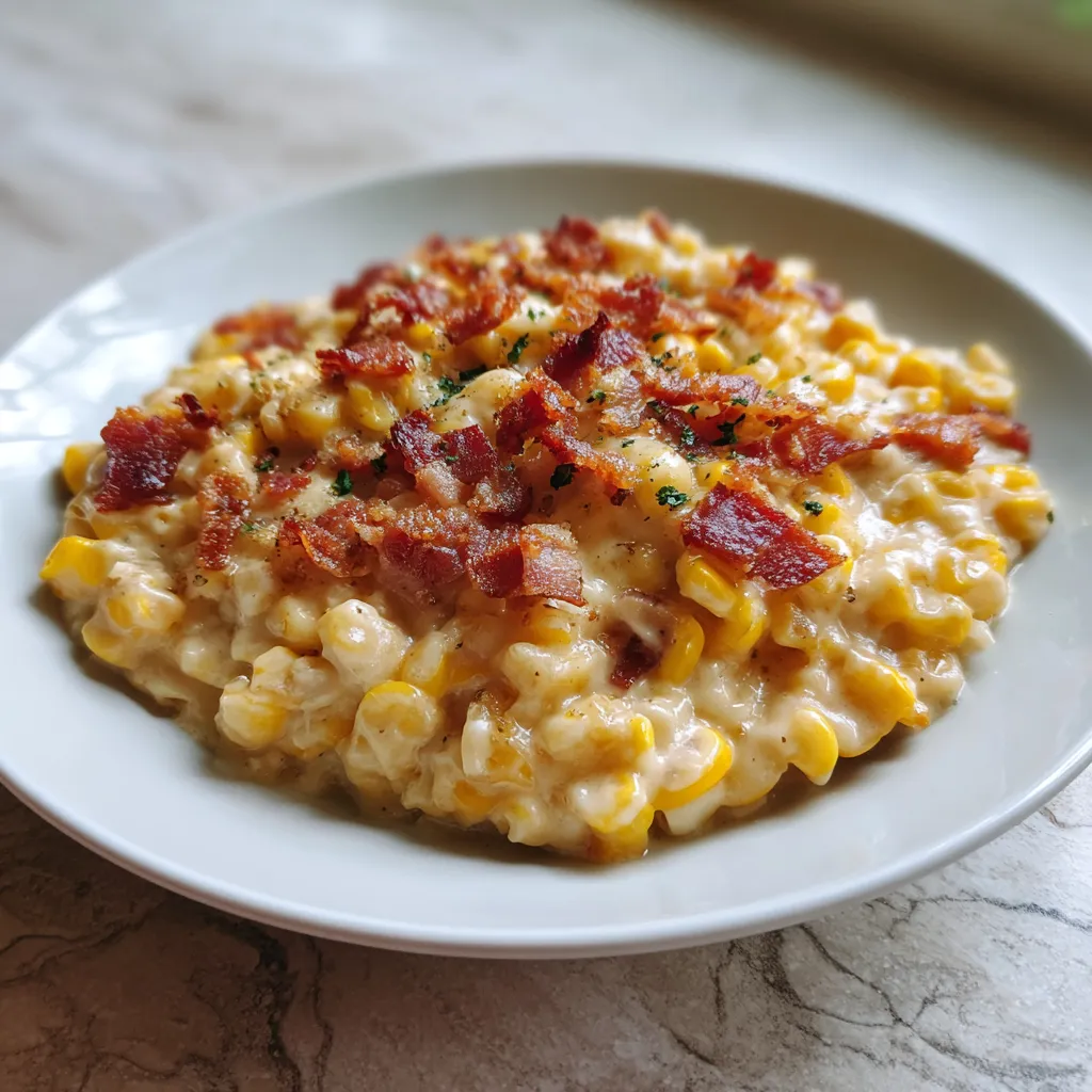 Photo of featured for Deliciously Cheesy Slow Cooker Cheddar Corn with Bacon