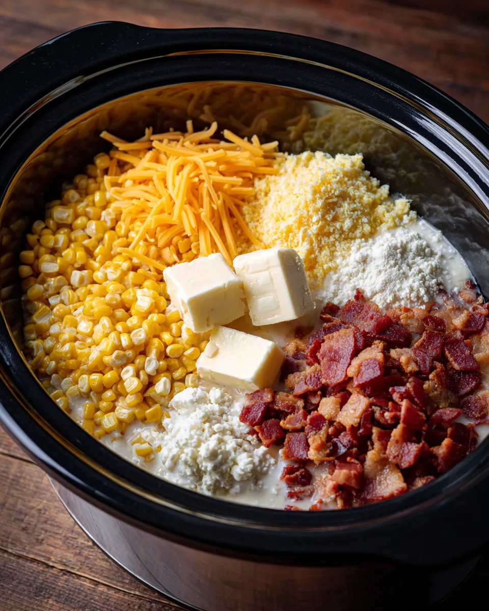 Ingredients for Deliciously Cheesy Slow Cooker Cheddar Corn with Bacon