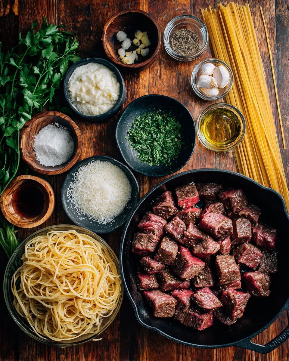 Ingredients for Savory Steak Bites and Luxurious Creamy Parmesan Pasta