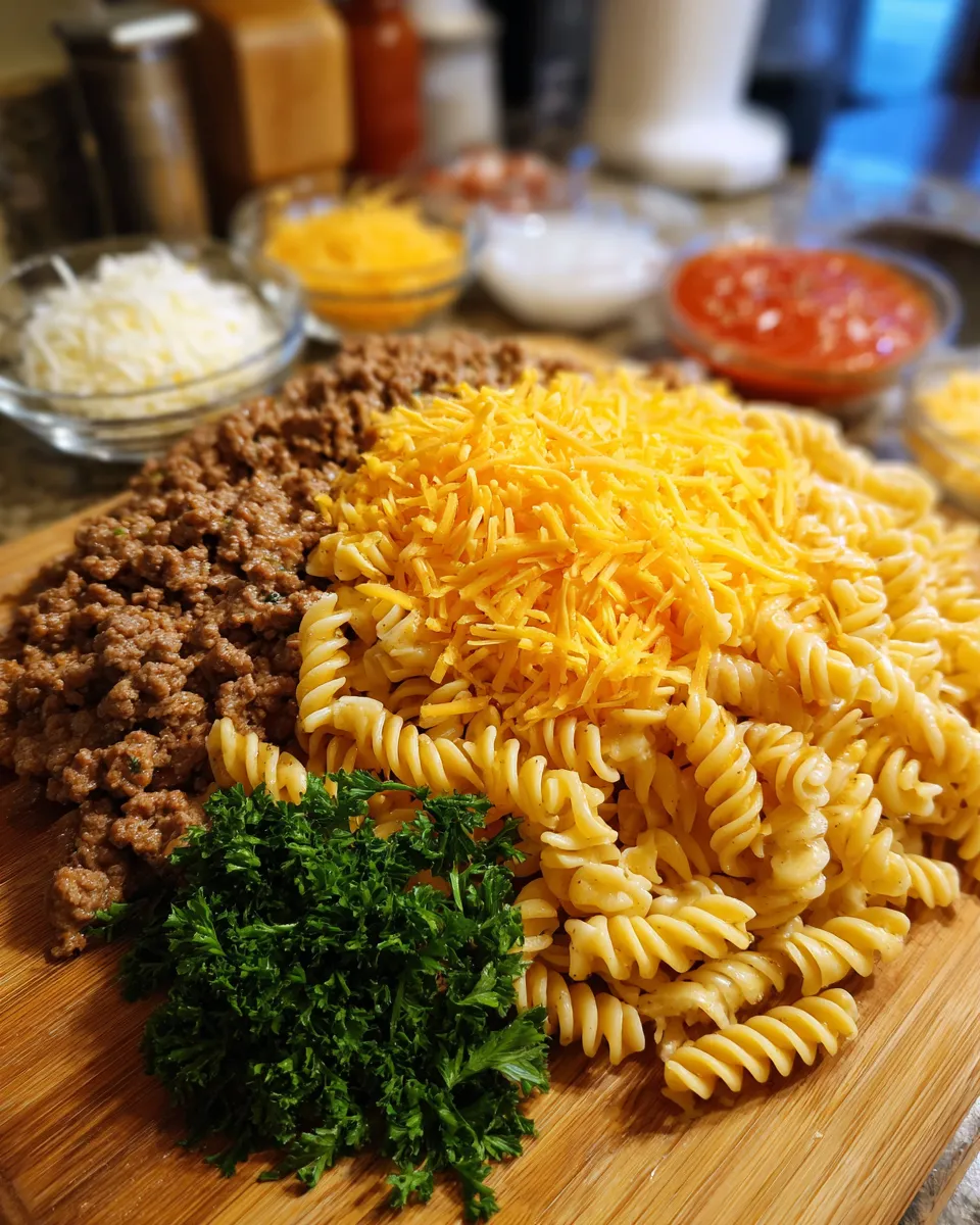 Ingredients for Indulgent Creamy Rotel Pasta with Ground Beef: A Cheesy Delight