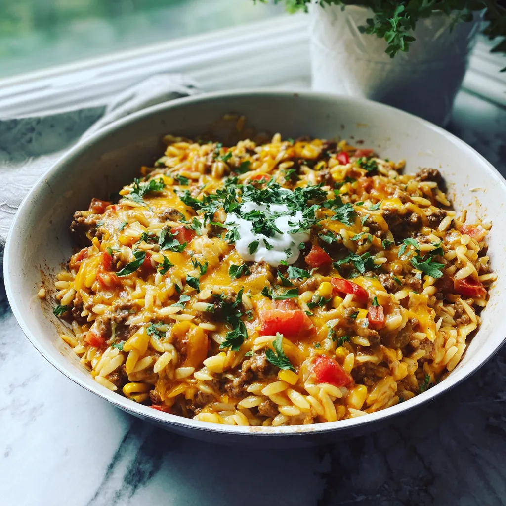 Photo of featured for Cheesy Delight: One-Pot Cheeseburger Orzo Skillet Recipe