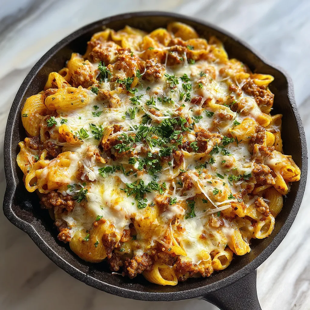 Photo of featured for Deliciously Cheesy Chili Cheese Dog Pasta Skillet Recipe