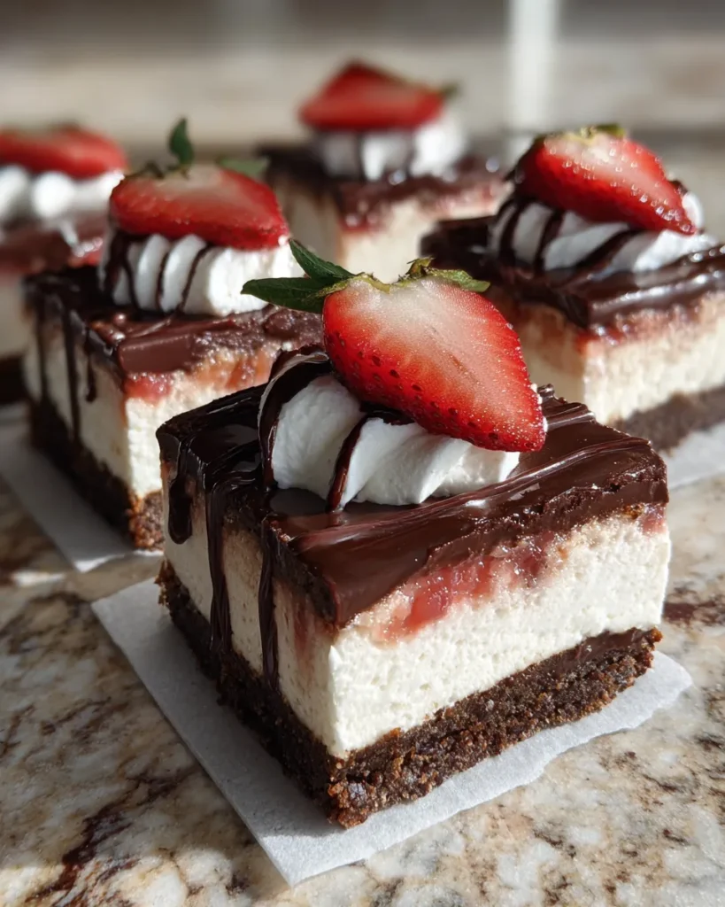 Photo of featured for Indulgent Chocolate Dipped Strawberry Cheesecake Bars
