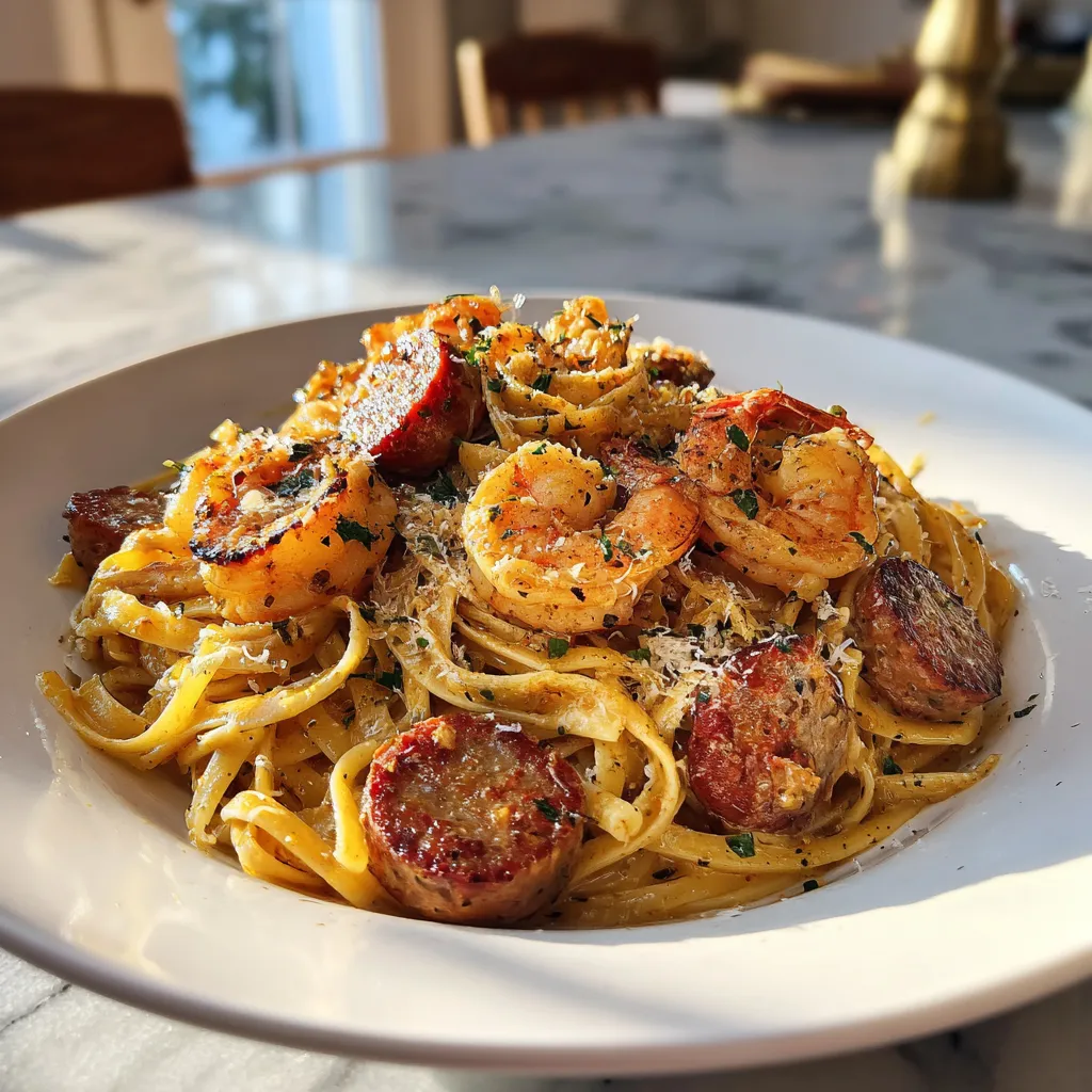 Photo of featured for Indulgent Creamy Cajun Sausage and Shrimp Pasta: A Flavor Explosion