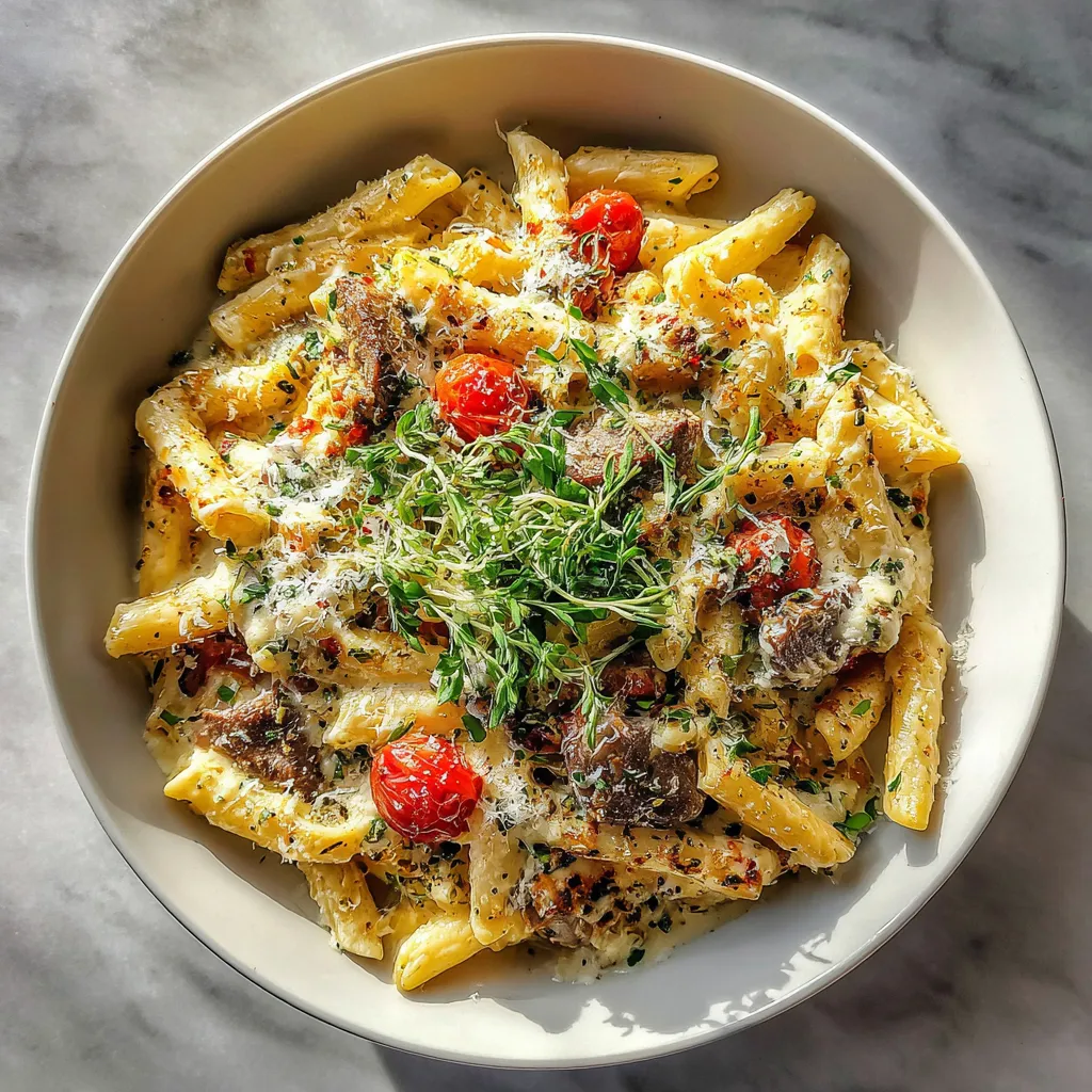 Photo of featured for Sizzling Garlic Herb Steak Pasta Bake: A Flavor Explosion in Every Bite