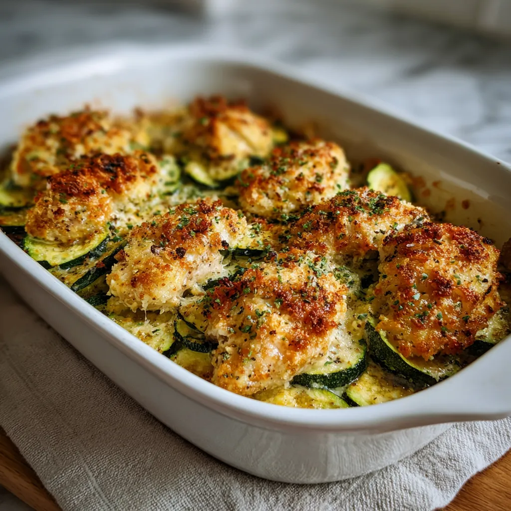 Photo of featured for Irresistible Parmesan Crusted Zucchini Chicken Bake