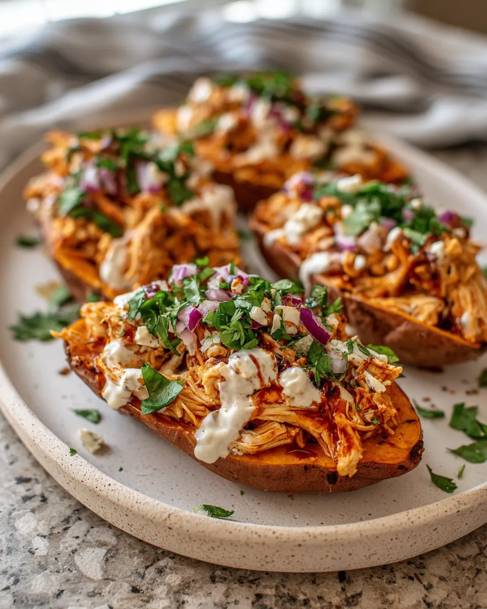 Photo of featured for Deliciously Smoky BBQ Pulled Chicken Stuffed Sweet Potatoes