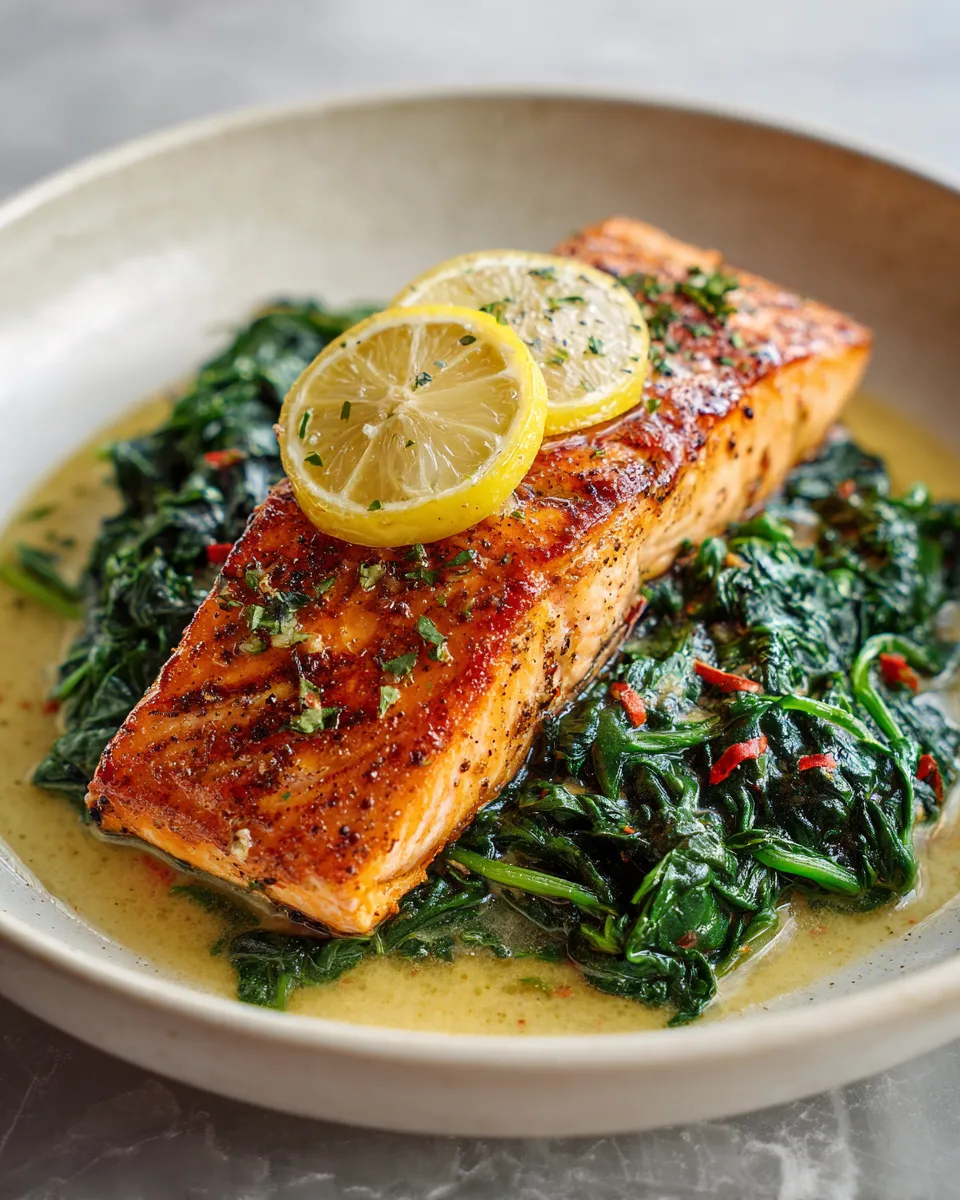 Photo of featured for Sizzling Garlic Butter Salmon: A Delightful Spinach Dish