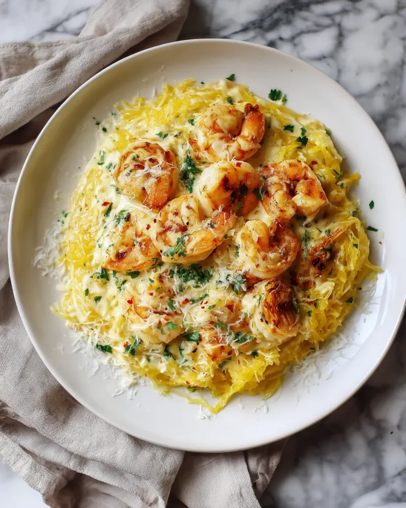 Photo of featured for Deliciously Creamy Shrimp Alfredo Spaghetti Squash Recipe