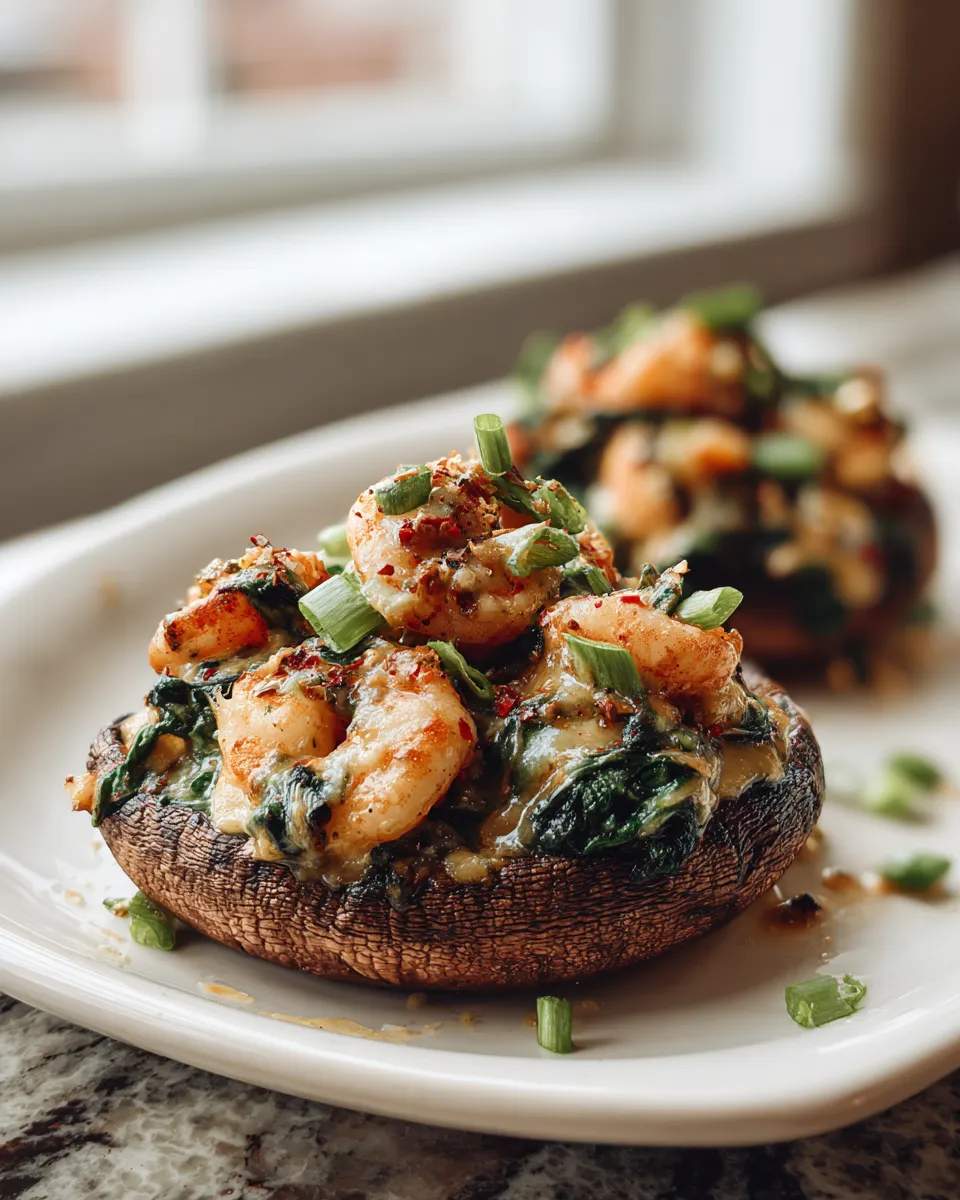 Photo of featured for Deliciously Decadent Shrimp and Spinach Stuffed Portobello Caps