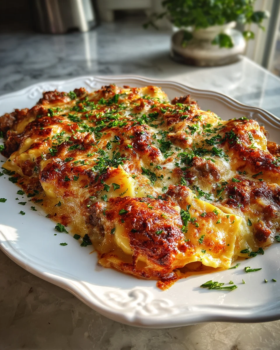 Cheesy Garlic Beef Ravioli Bake