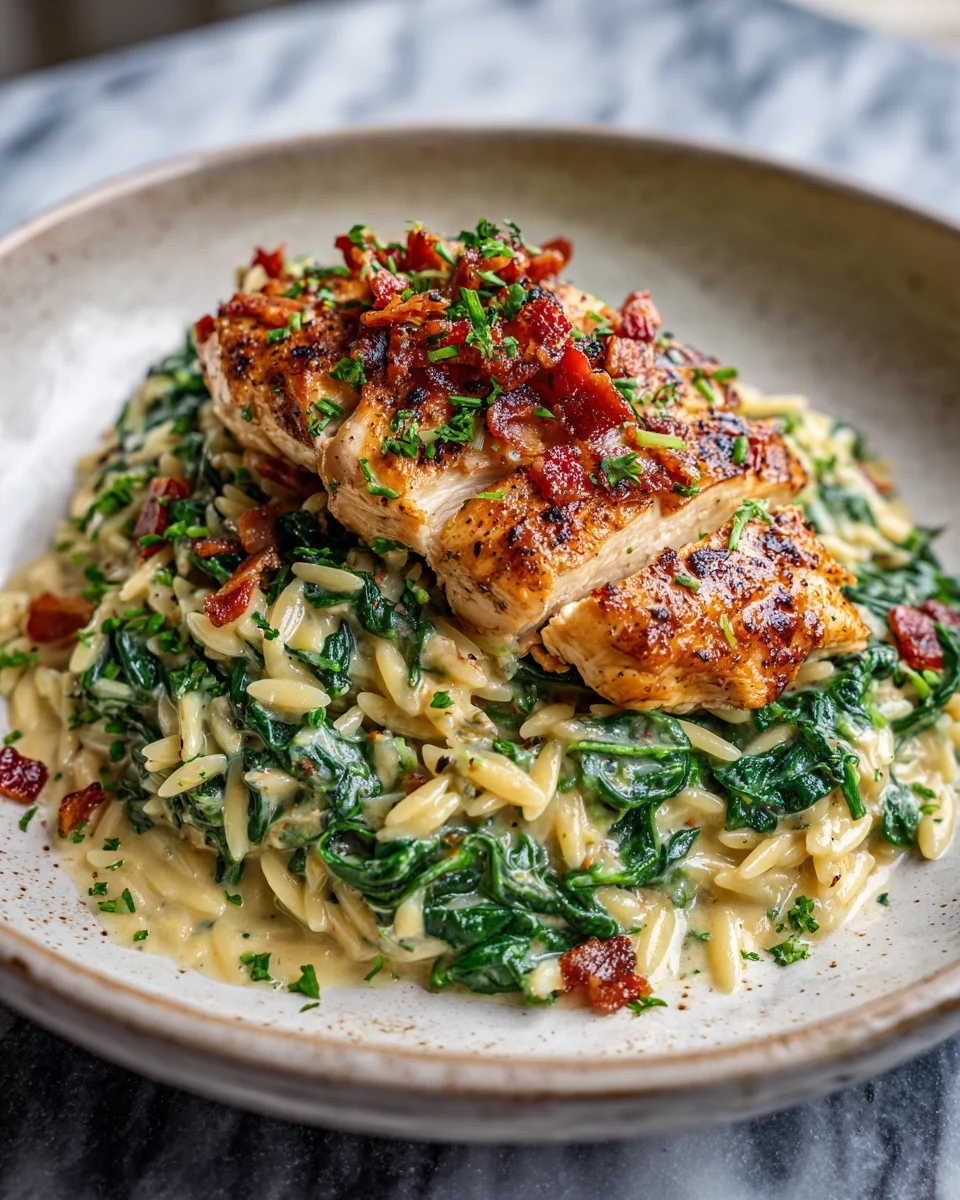 Creamy Spinach Bacon Chicken Orzo