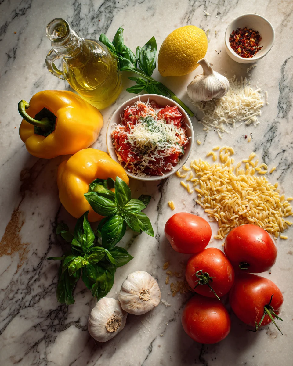 Orzo Stuffed Red Peppers with Lemon Pasta