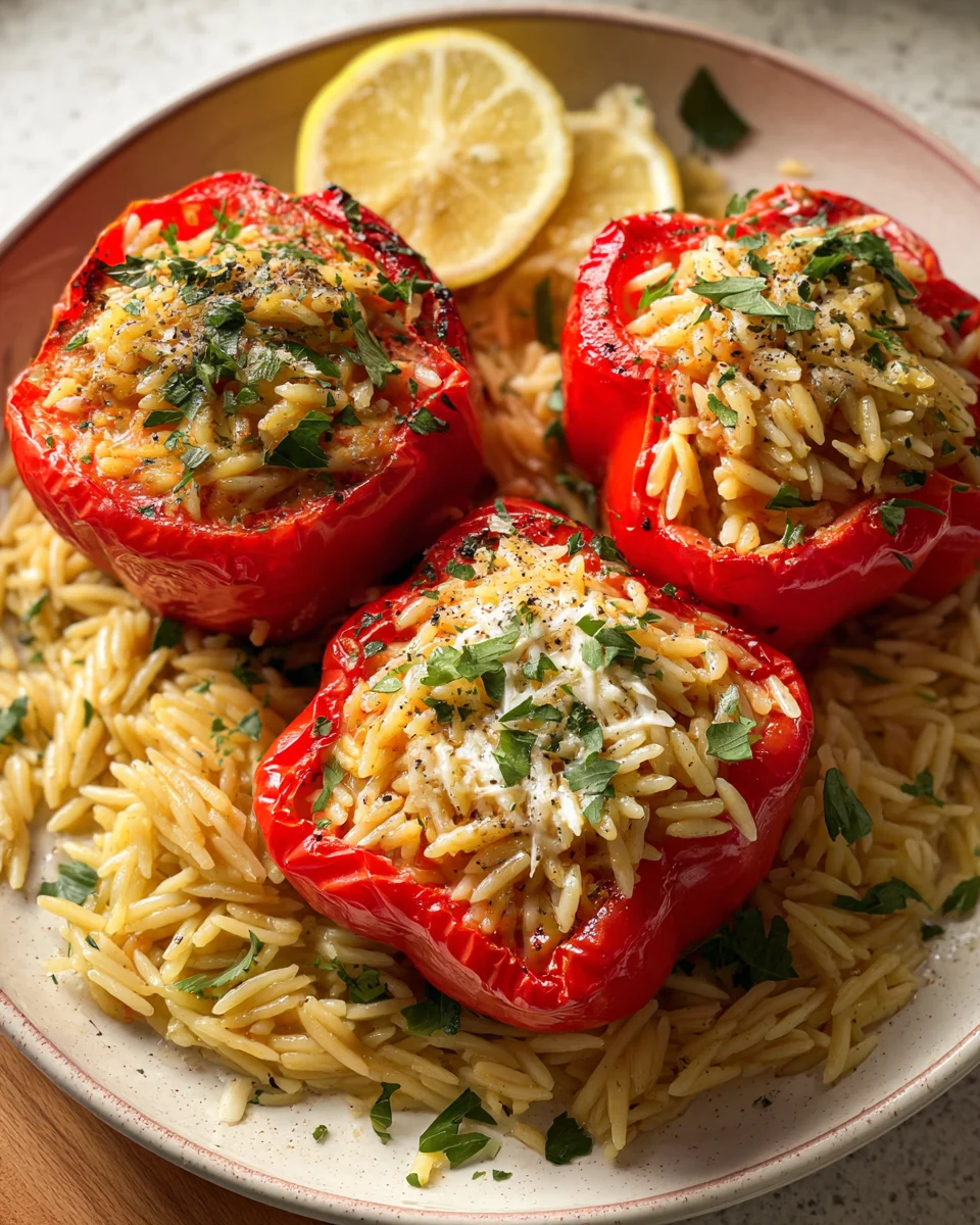 Orzo Stuffed Red Peppers with Lemon Pasta