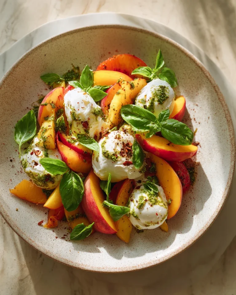 Roasted Peach Salad With Burrata And Pesto