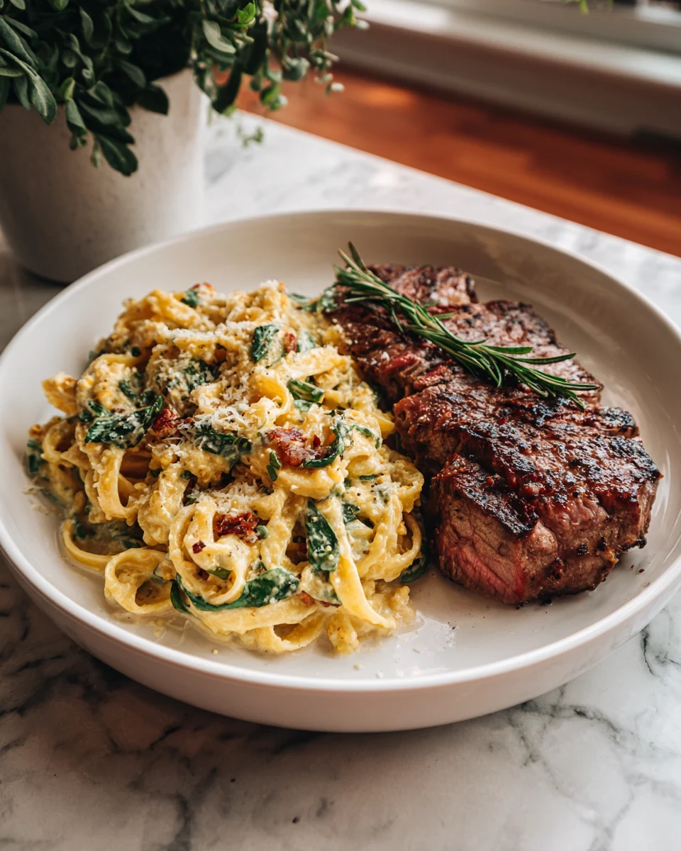 Steak and Creamy Garlic Parmesan Pasta
