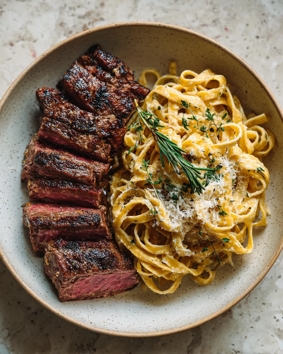 Steak and Creamy Garlic Parmesan Pasta