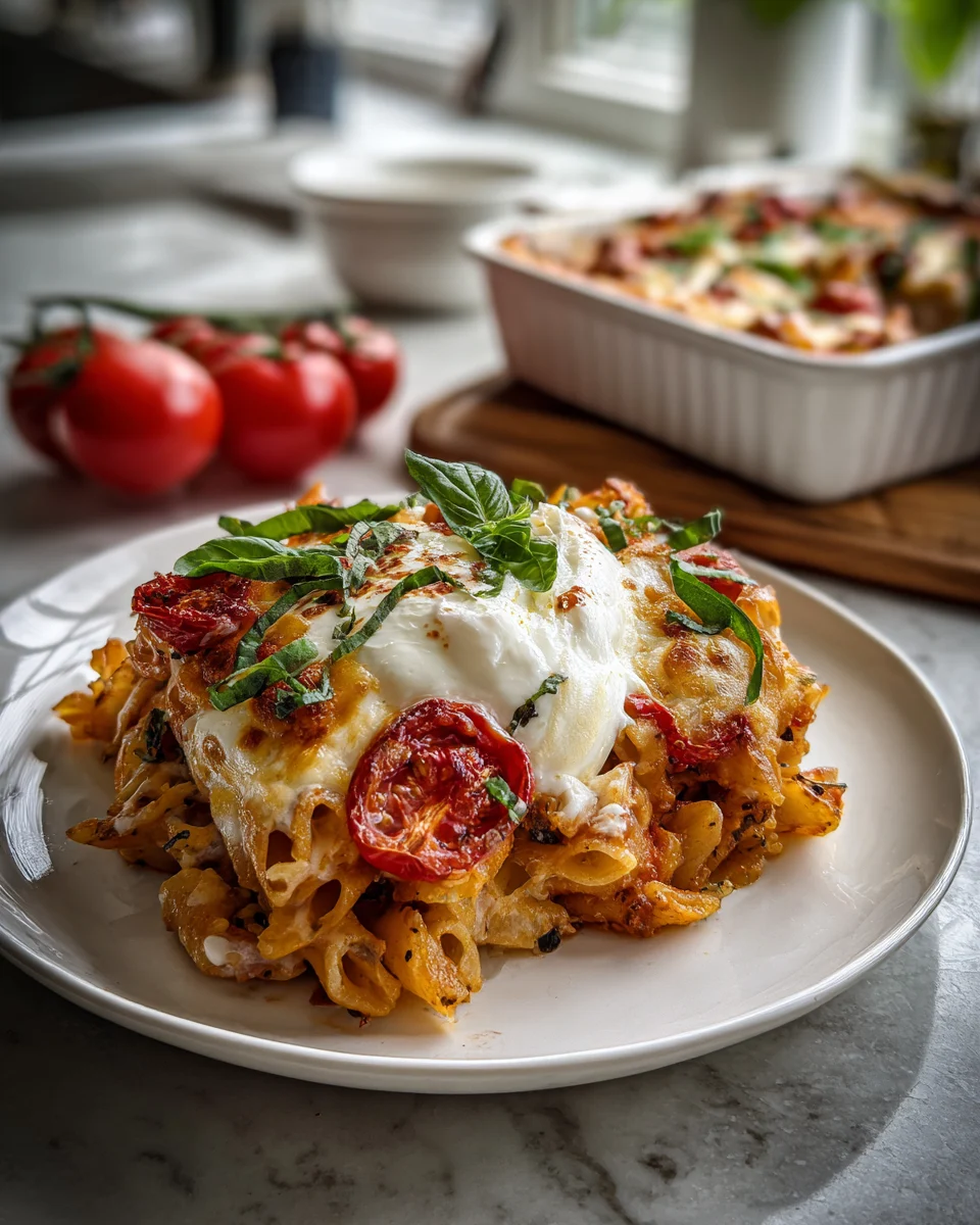 Tomato Burrata Basil Pasta Bake