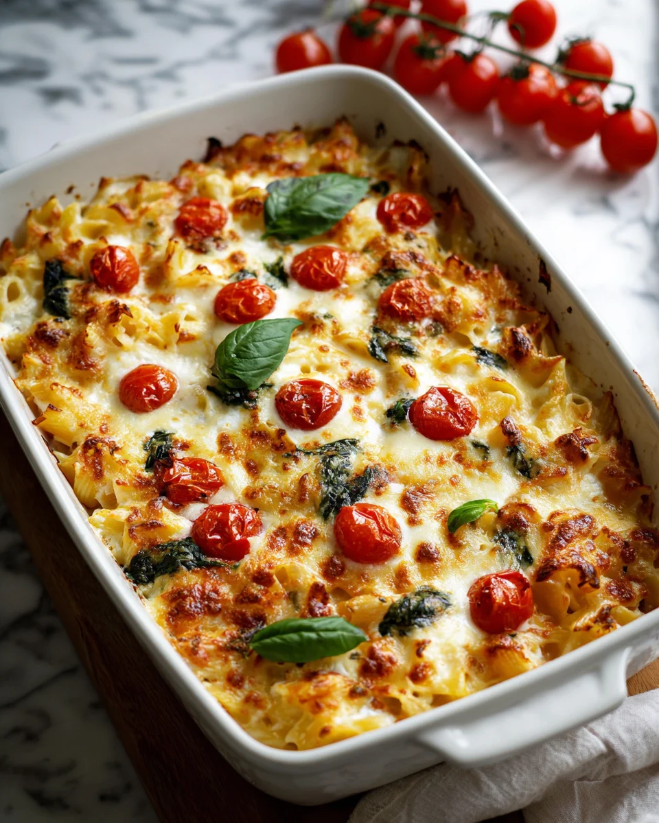 Tomato Burrata Basil Pasta Bake
