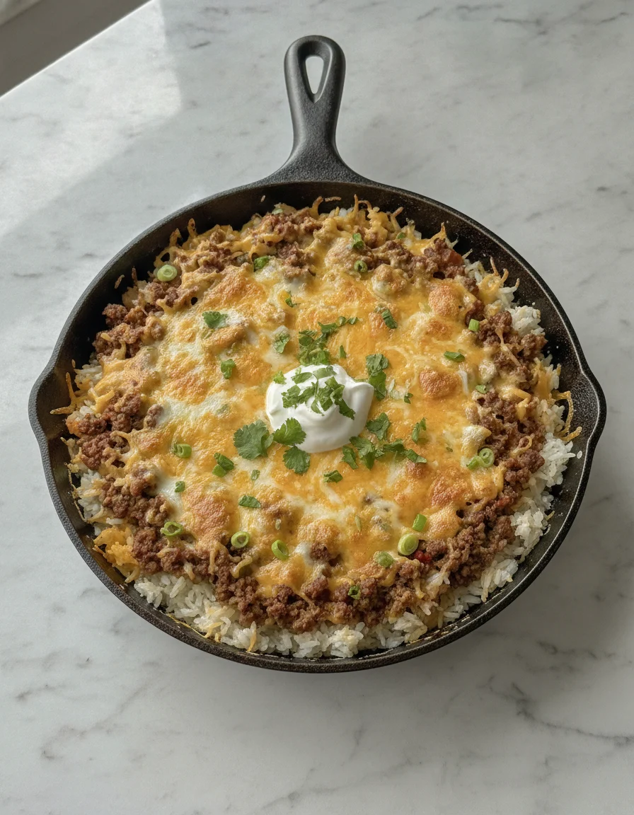Cheesy Ground Beef Rice Skillet