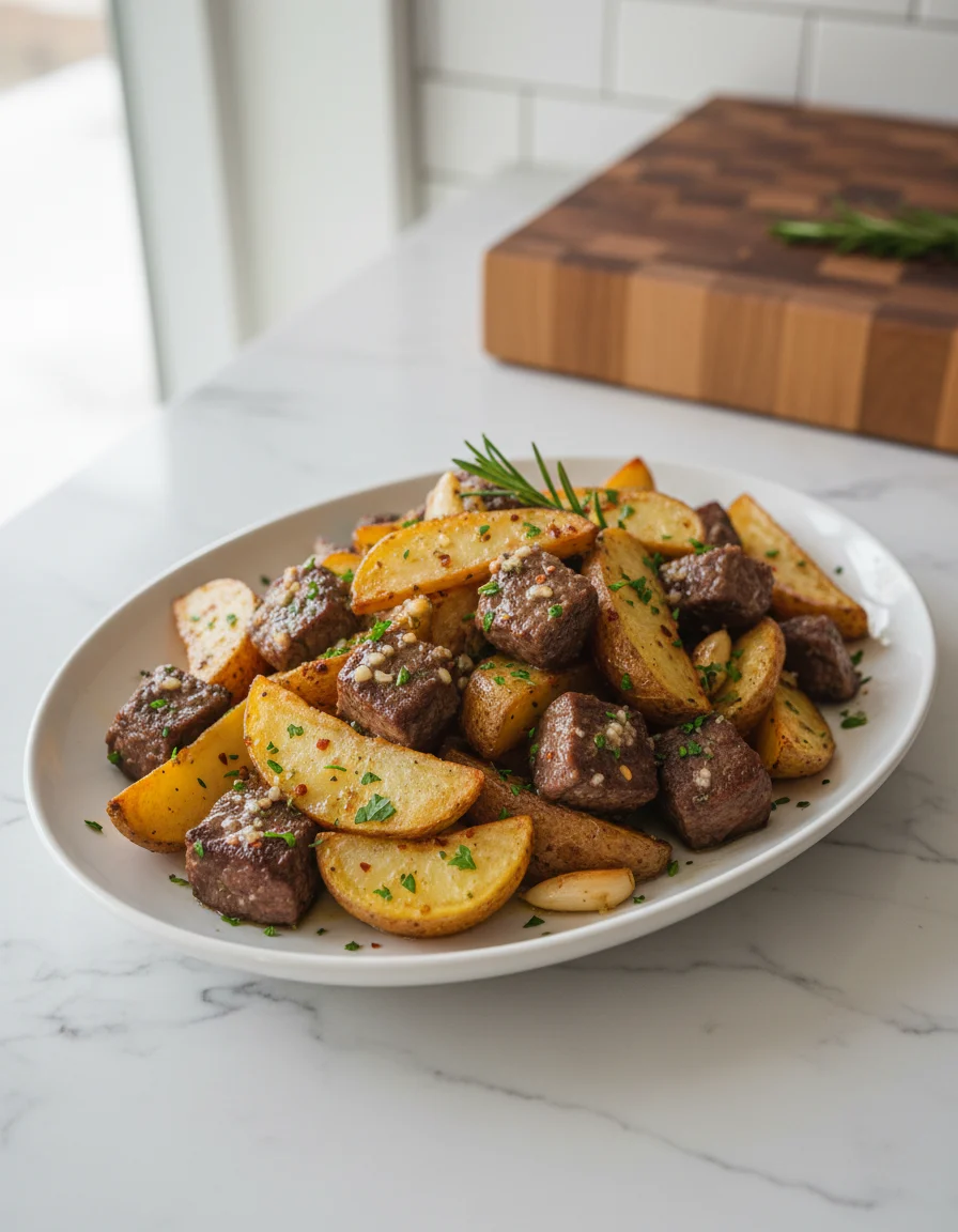 Garlic Butter Steak Bites And Potatoes