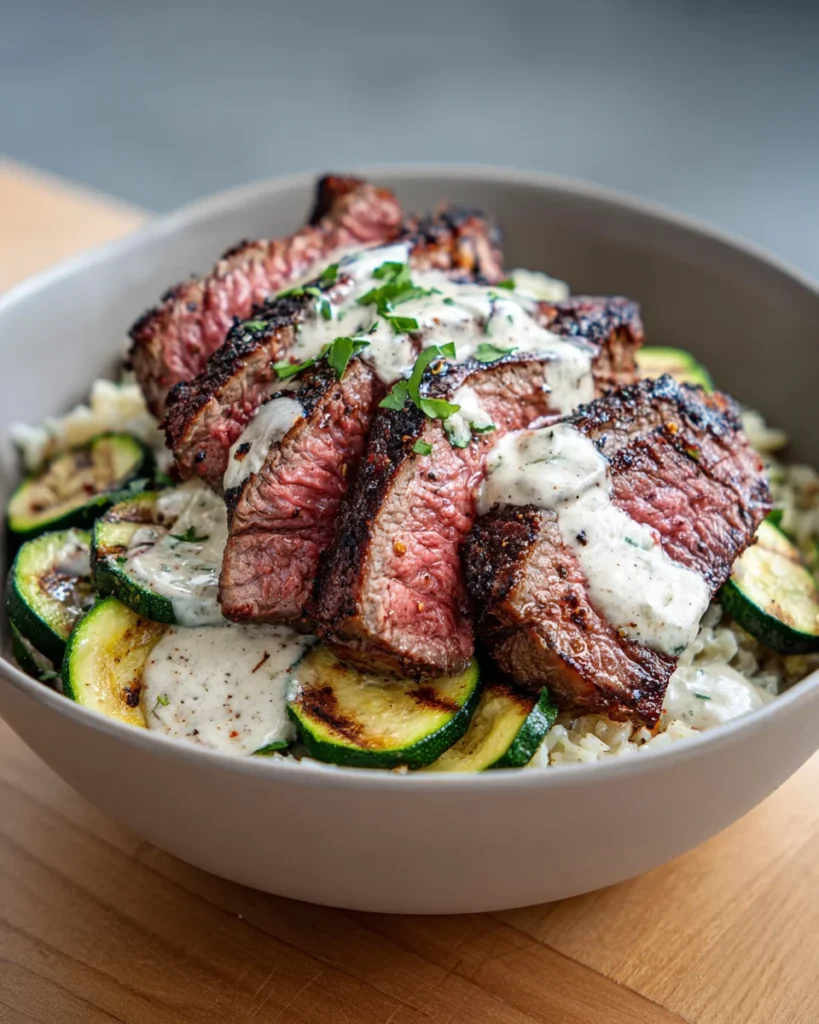Grilled Steak Bowl with Creamy Sauce and Zucchini