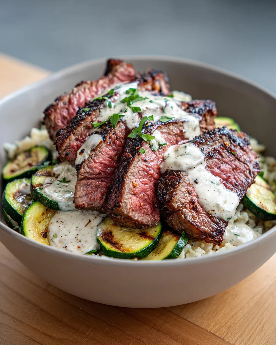 Grilled Steak Bowl with Creamy Sauce and Zucchini