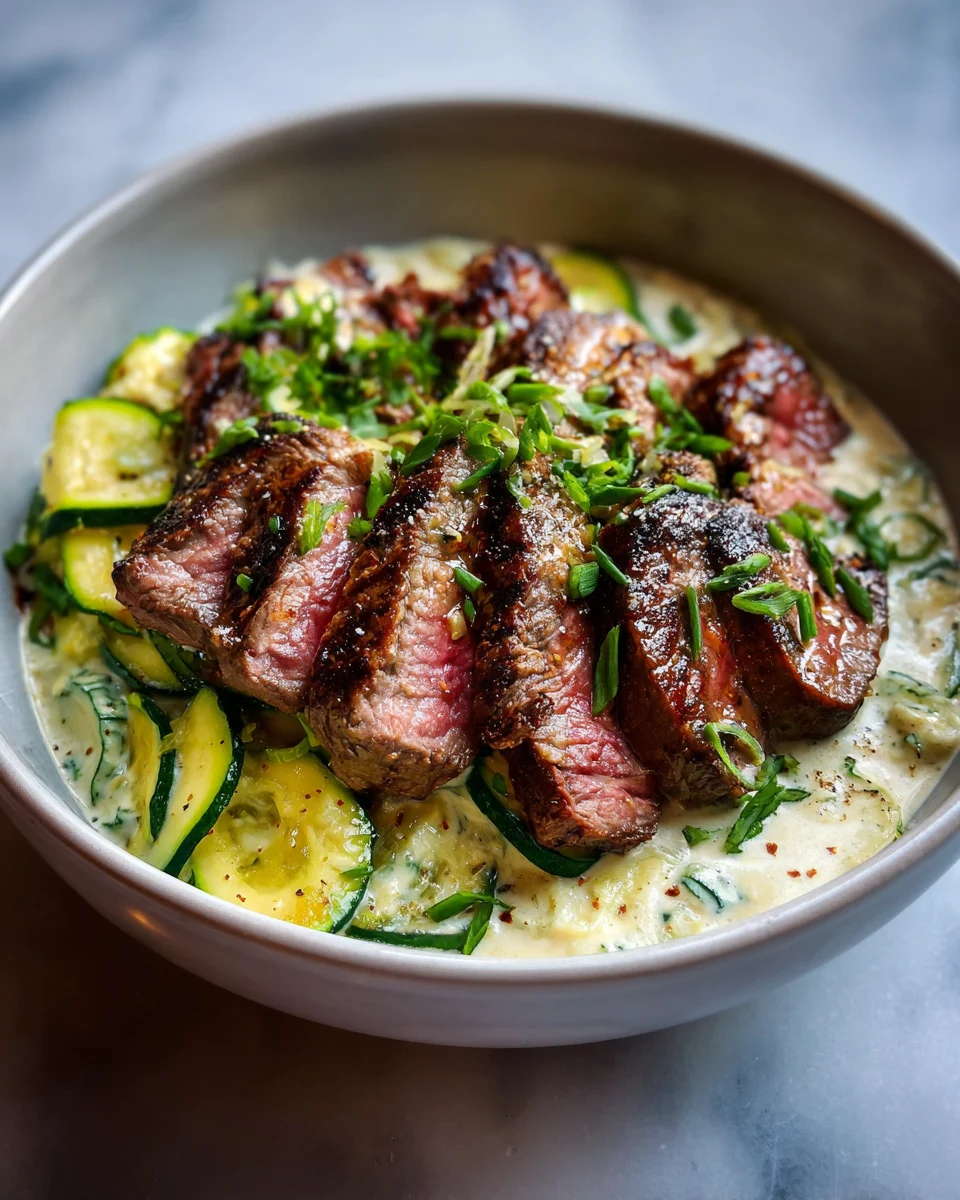 Grilled Steak Bowl with Creamy Sauce and Zucchini