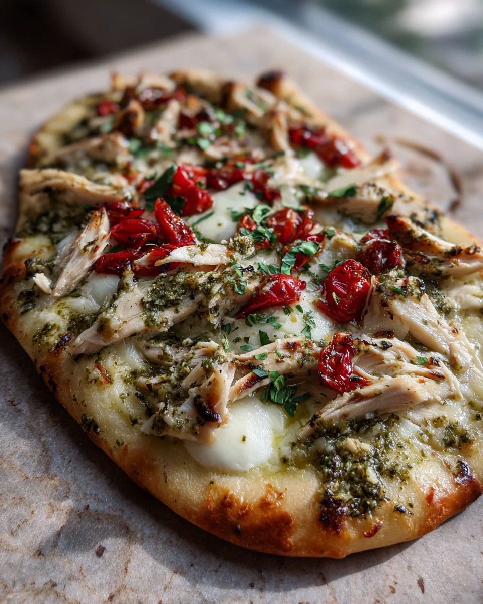 Pesto Chicken Flatbread with Mozzarella
