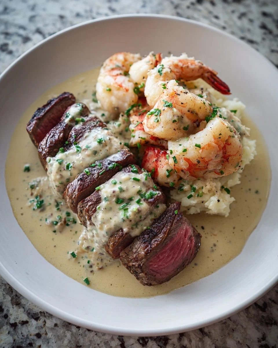 Surf and Turf with Creamy Garlic Sauce