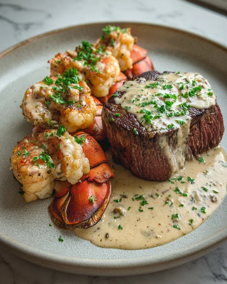 Surf and Turf with Creamy Garlic Sauce