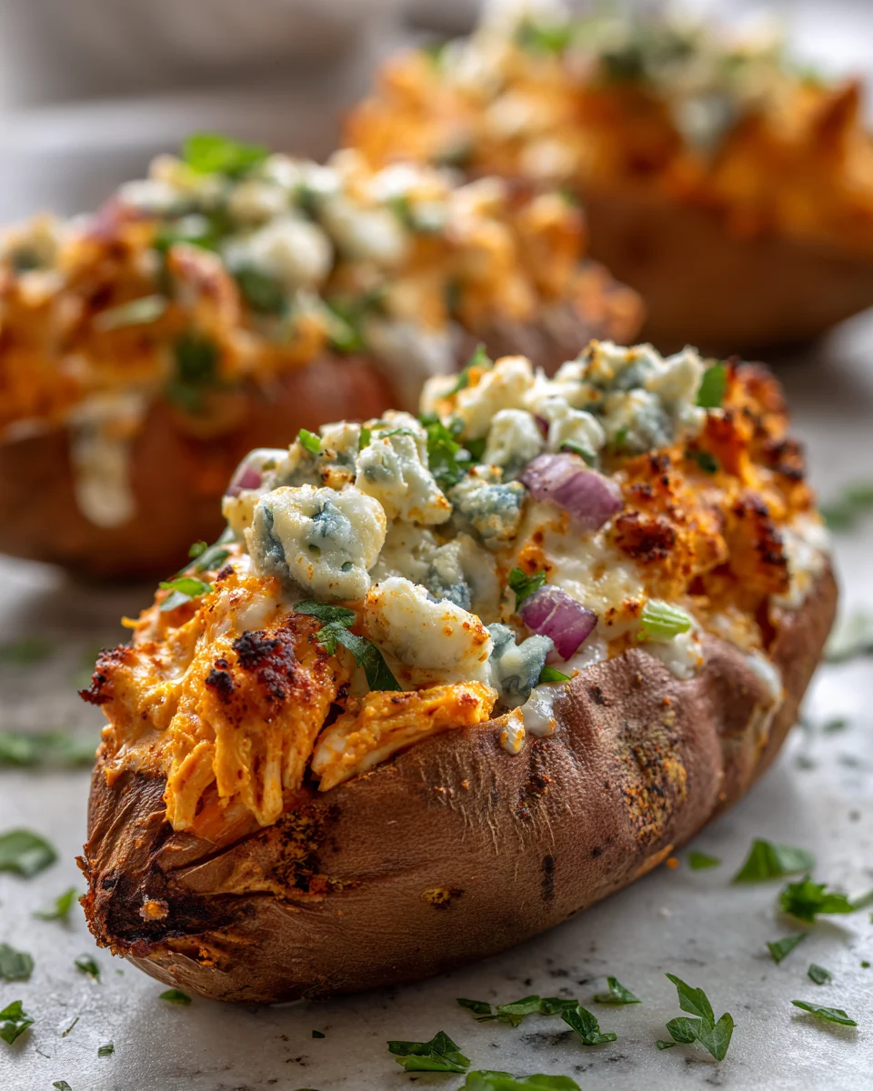 Buffalo Chicken Stuffed Sweet Potatoes
