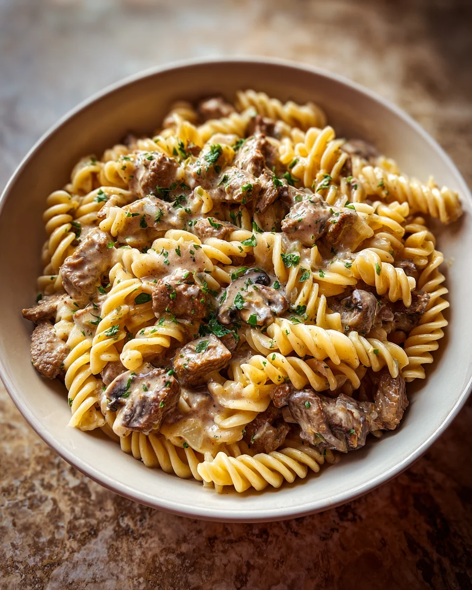 Slow Cooker Creamy Beef and Mushroom Pasta